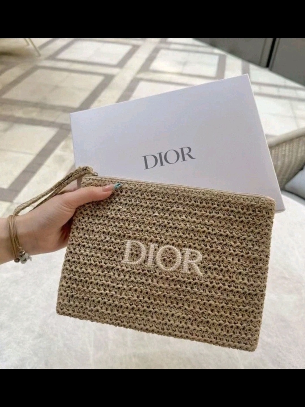 Dior Beige Raffia Wristlet Clutch with Embroidered Logo with BOX